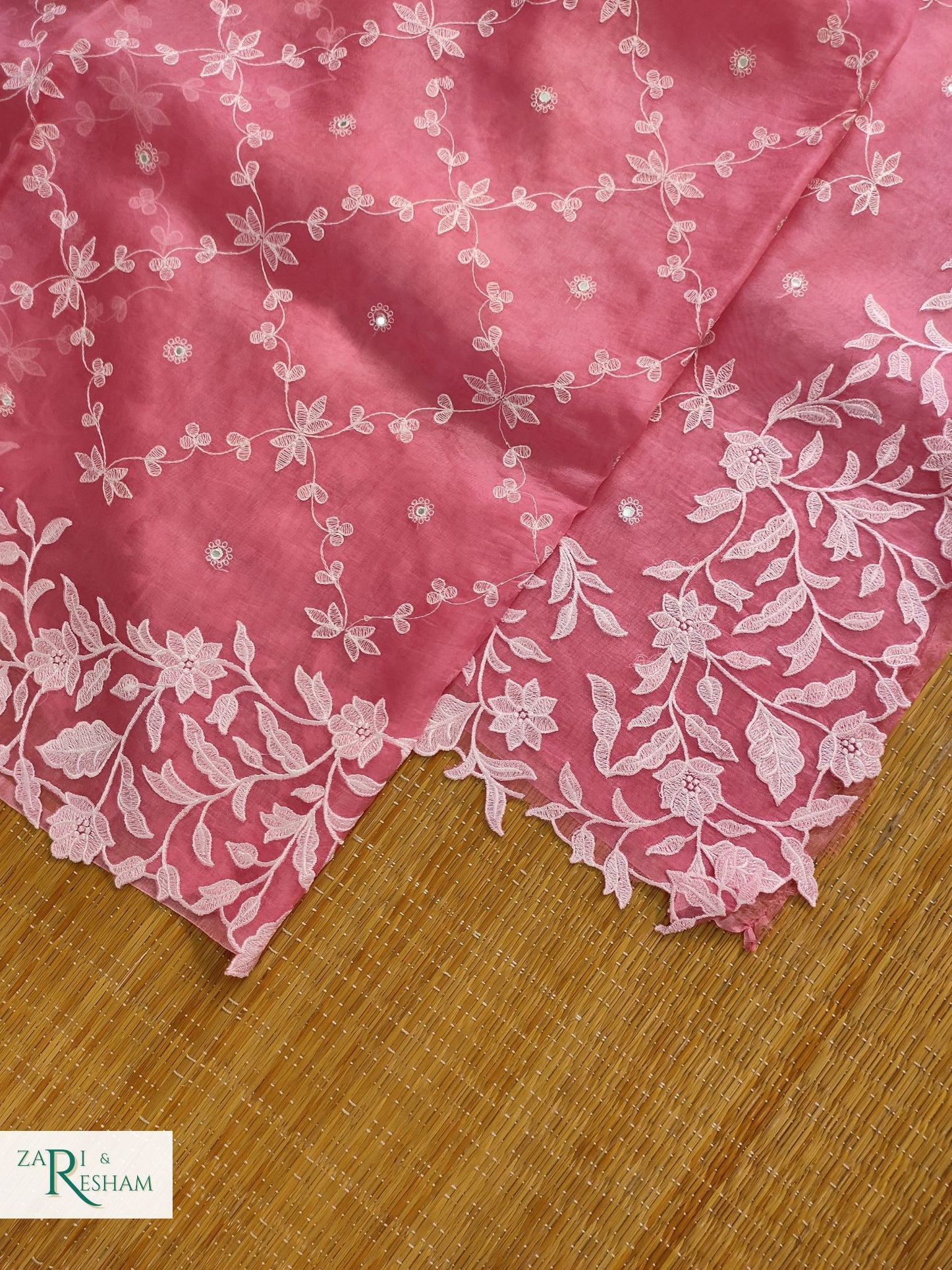 Pure Organza Silk Saree with Floral Jaal Scalloped Edging Embroidery Work and Abla Mirror Work - Pink