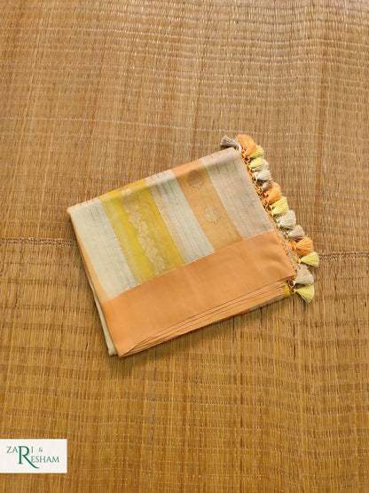 Pure Kora Handloom Kadhuwa Silk Saree with Satin Silk Border in Rangkat Dye - Peach