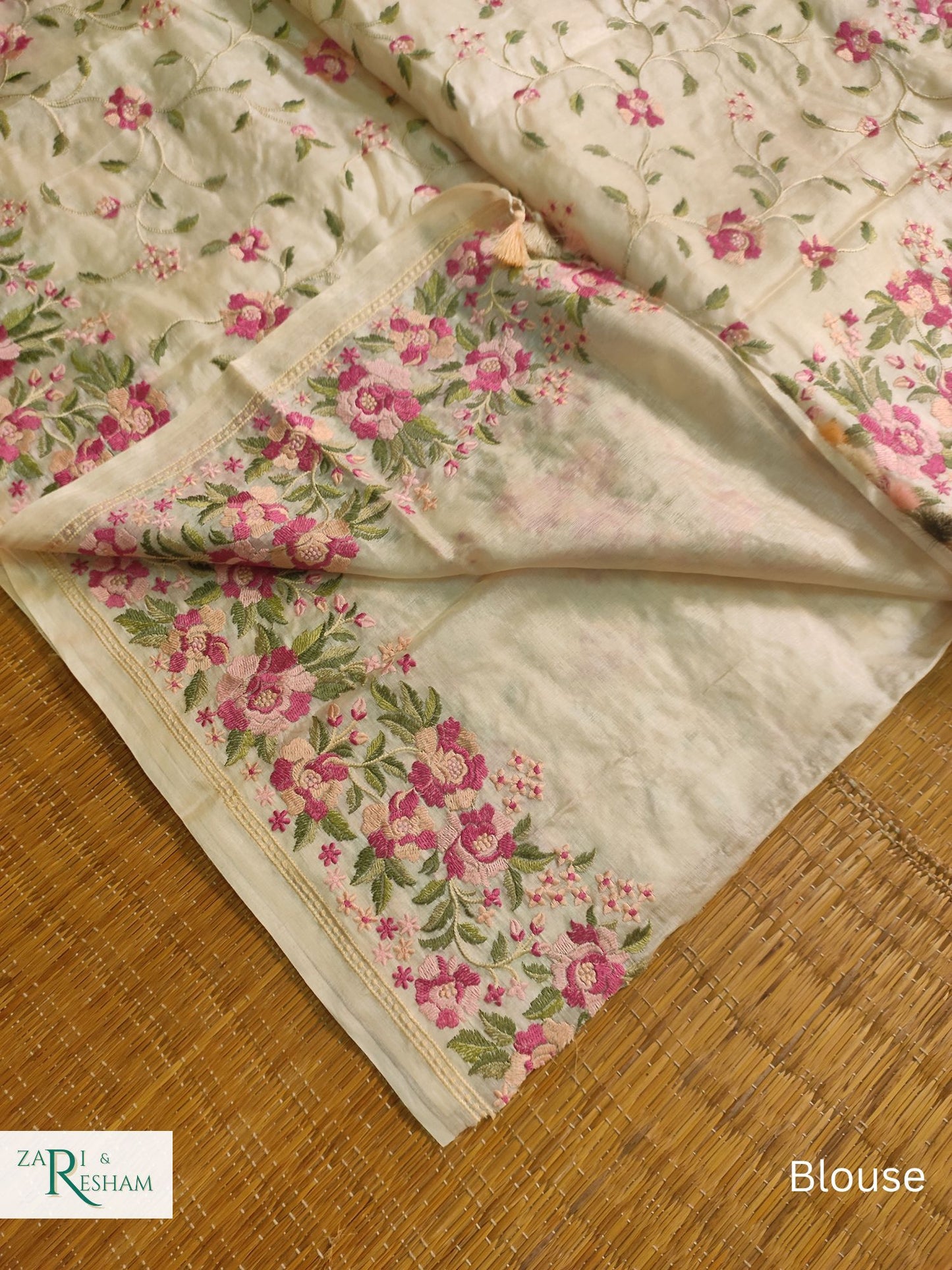 Pure Banarasi Tusser Silk Saree with Floral Embroidery Work - Ivory (Natural)