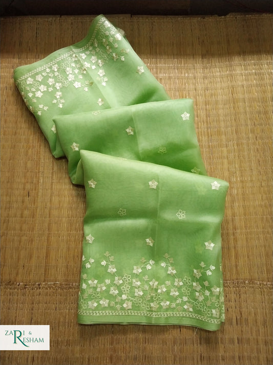 Pure Organza Silk Saree with Beautiful Star Style Embroidery Work - Green