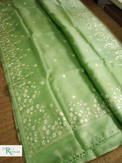 Pure Organza Silk Saree with Beautiful Star Style Embroidery Work - Green