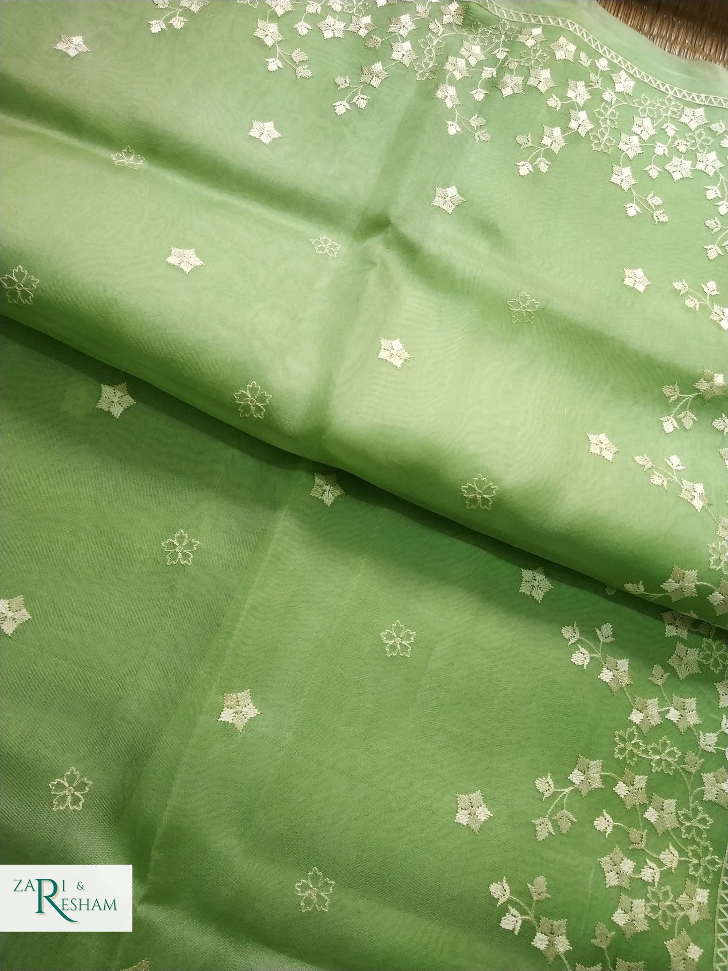 Pure Organza Silk Saree with Beautiful Star Style Embroidery Work - Green