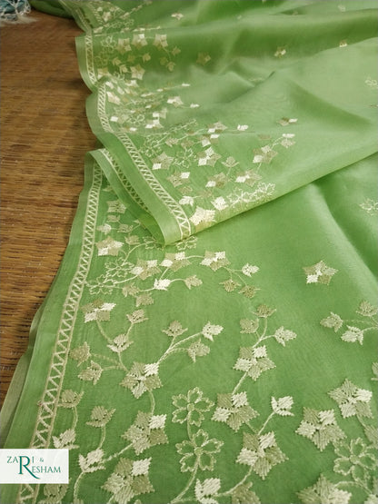 Pure Organza Silk Saree with Beautiful Star Style Embroidery Work - Green