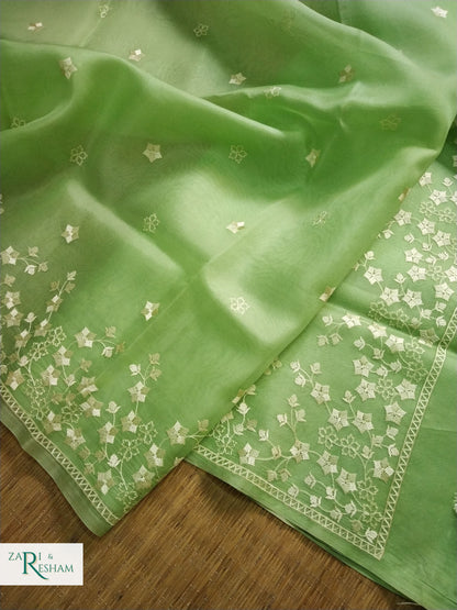 Pure Organza Silk Saree with Beautiful Star Style Embroidery Work - Green