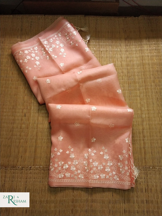 Pure Organza Silk Saree with Beautiful Star Style Embroidery Work - Peach