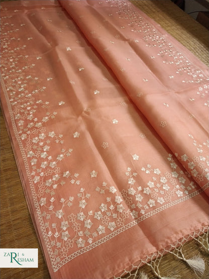 Pure Organza Silk Saree with Beautiful Star Style Embroidery Work - Peach