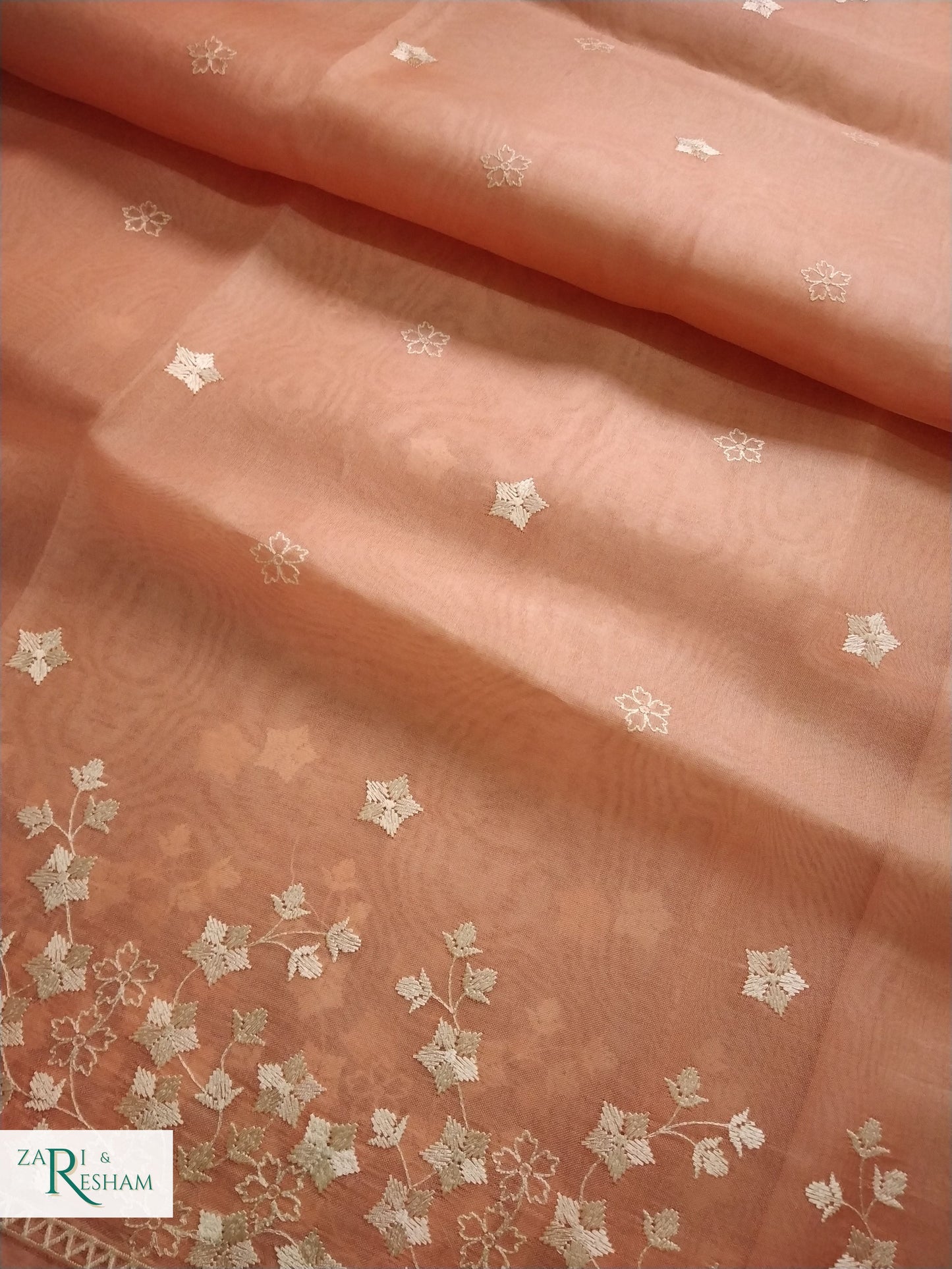 Pure Organza Silk Saree with Beautiful Star Style Embroidery Work - Peach