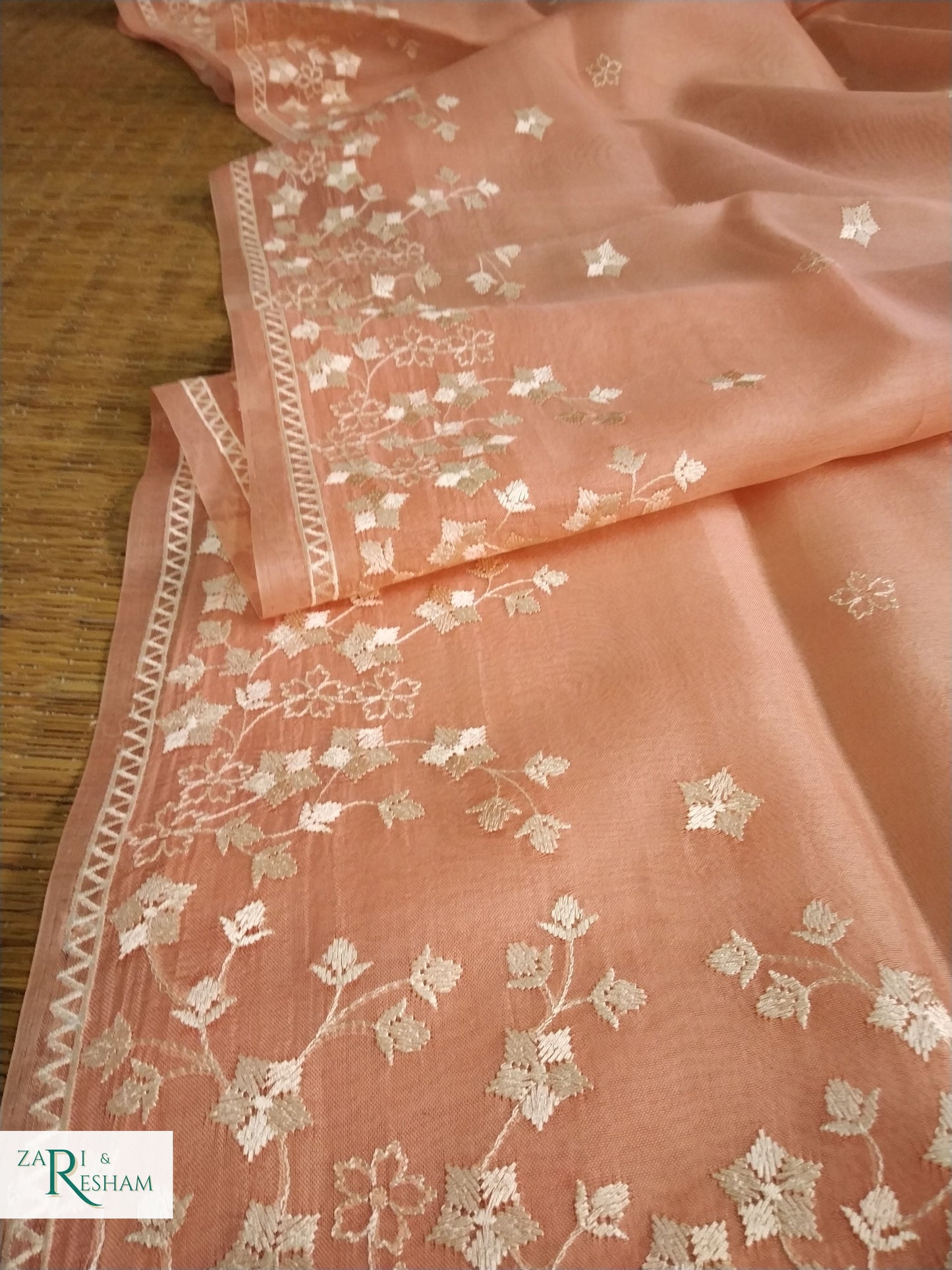 Pure Organza Silk Saree with Beautiful Star Style Embroidery Work - Peach