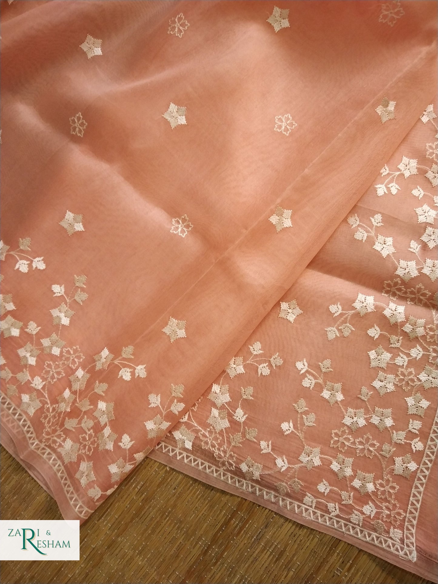 Pure Organza Silk Saree with Beautiful Star Style Embroidery Work - Peach