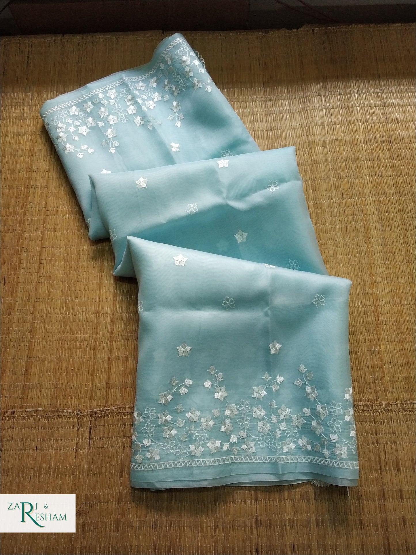 Pure Organza Silk Saree with Beautiful Star Style Embroidery Work - Sky Blue