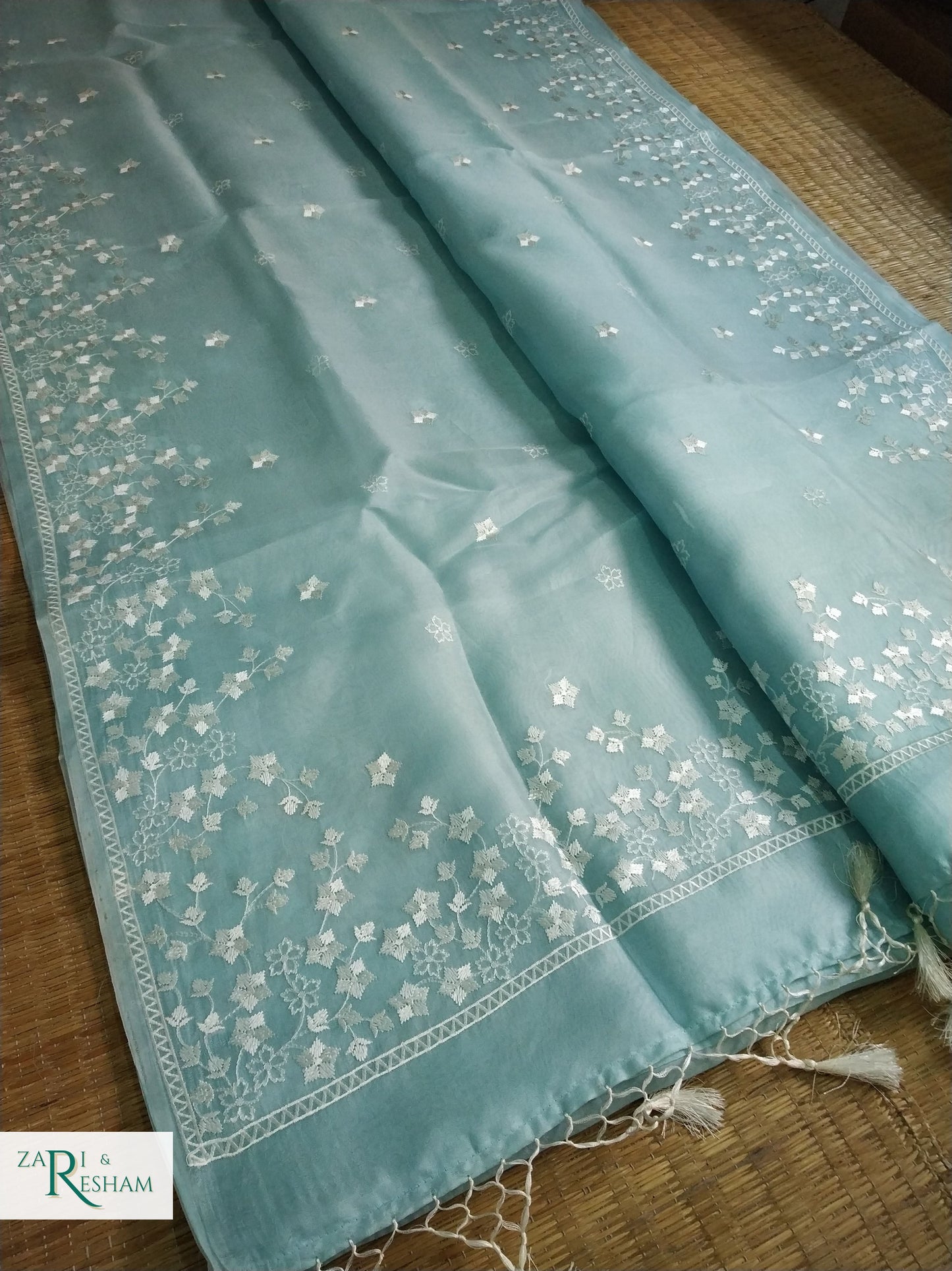 Pure Organza Silk Saree with Beautiful Star Style Embroidery Work - Sky Blue