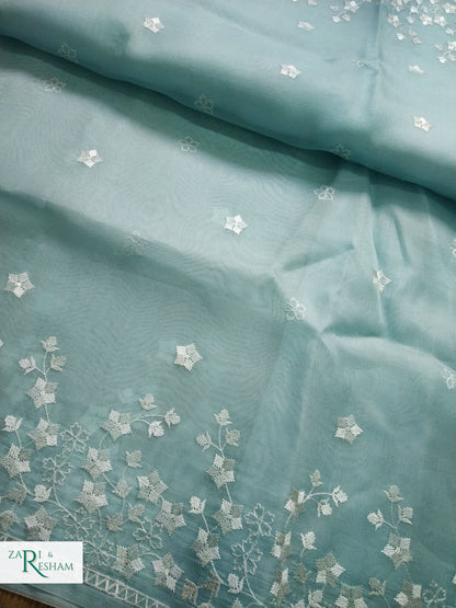 Pure Organza Silk Saree with Beautiful Star Style Embroidery Work - Sky Blue