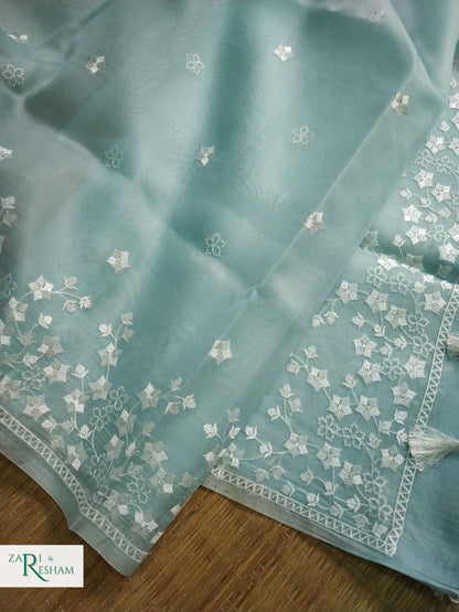 Pure Organza Silk Saree with Beautiful Star Style Embroidery Work - Sky Blue