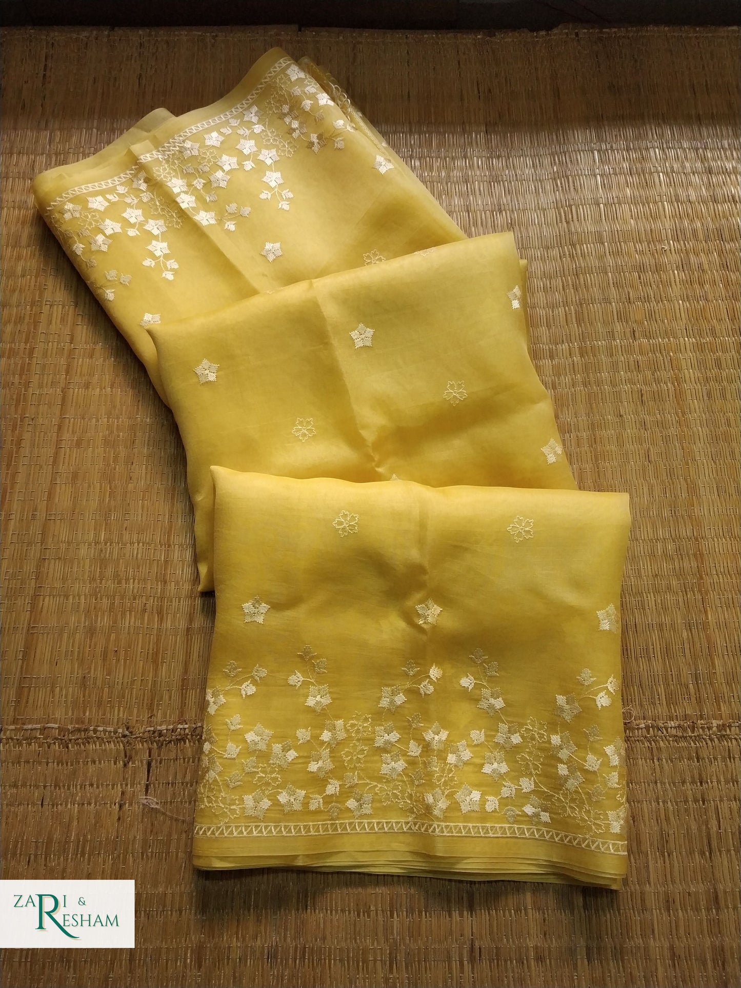 Pure Organza Silk Saree with Beautiful Star Style Embroidery Work - Yellow