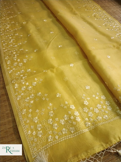 Pure Organza Silk Saree with Beautiful Star Style Embroidery Work - Yellow