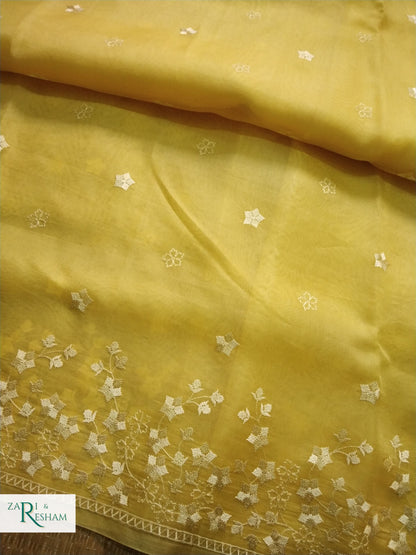 Pure Organza Silk Saree with Beautiful Star Style Embroidery Work - Yellow