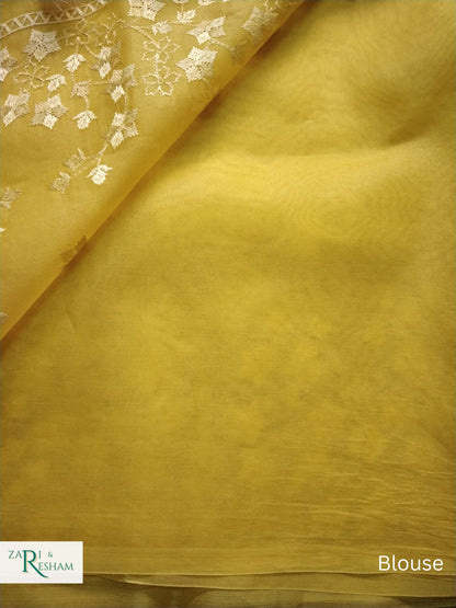 Pure Organza Silk Saree with Beautiful Star Style Embroidery Work - Yellow