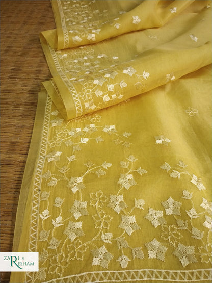 Pure Organza Silk Saree with Beautiful Star Style Embroidery Work - Yellow