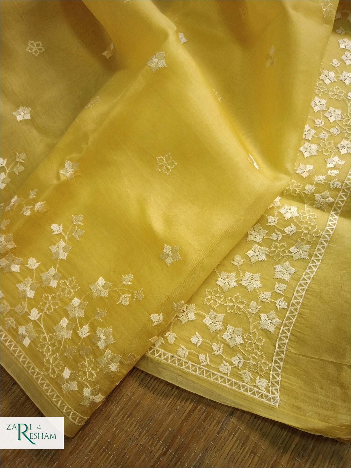 Pure Organza Silk Saree with Beautiful Star Style Embroidery Work - Yellow