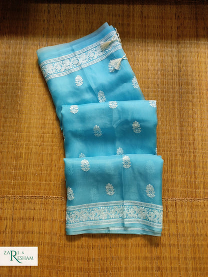 Pure Organza Silk Saree with Beautiful Chikankari Embroidery Work - Sea Blue