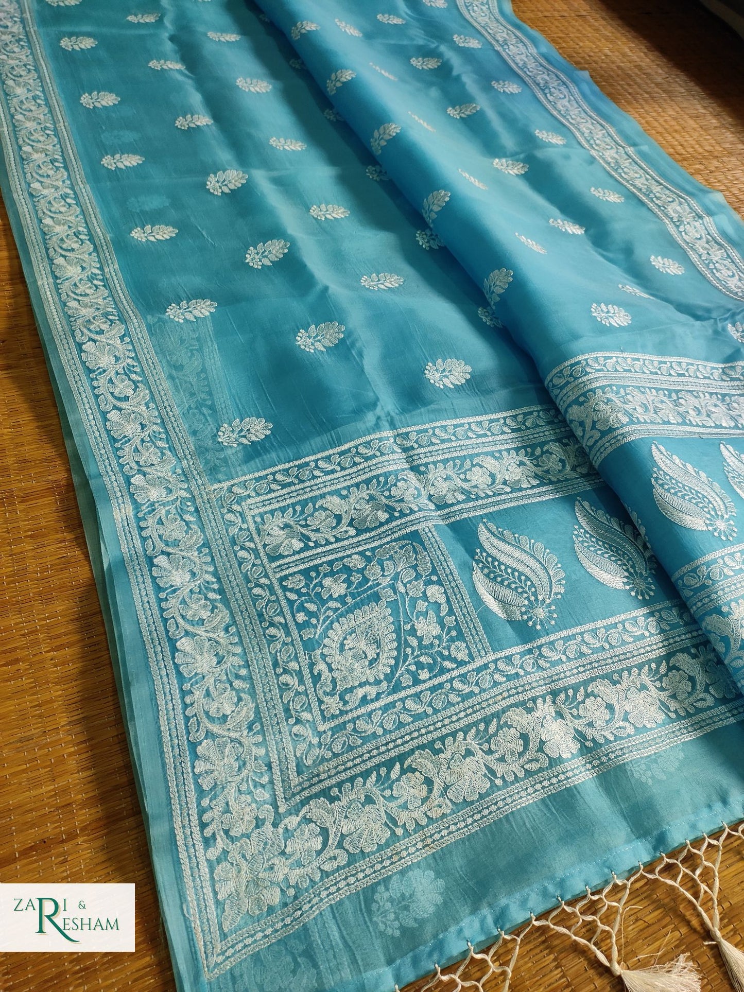 Pure Organza Silk Saree with Beautiful Chikankari Embroidery Work - Sea Blue