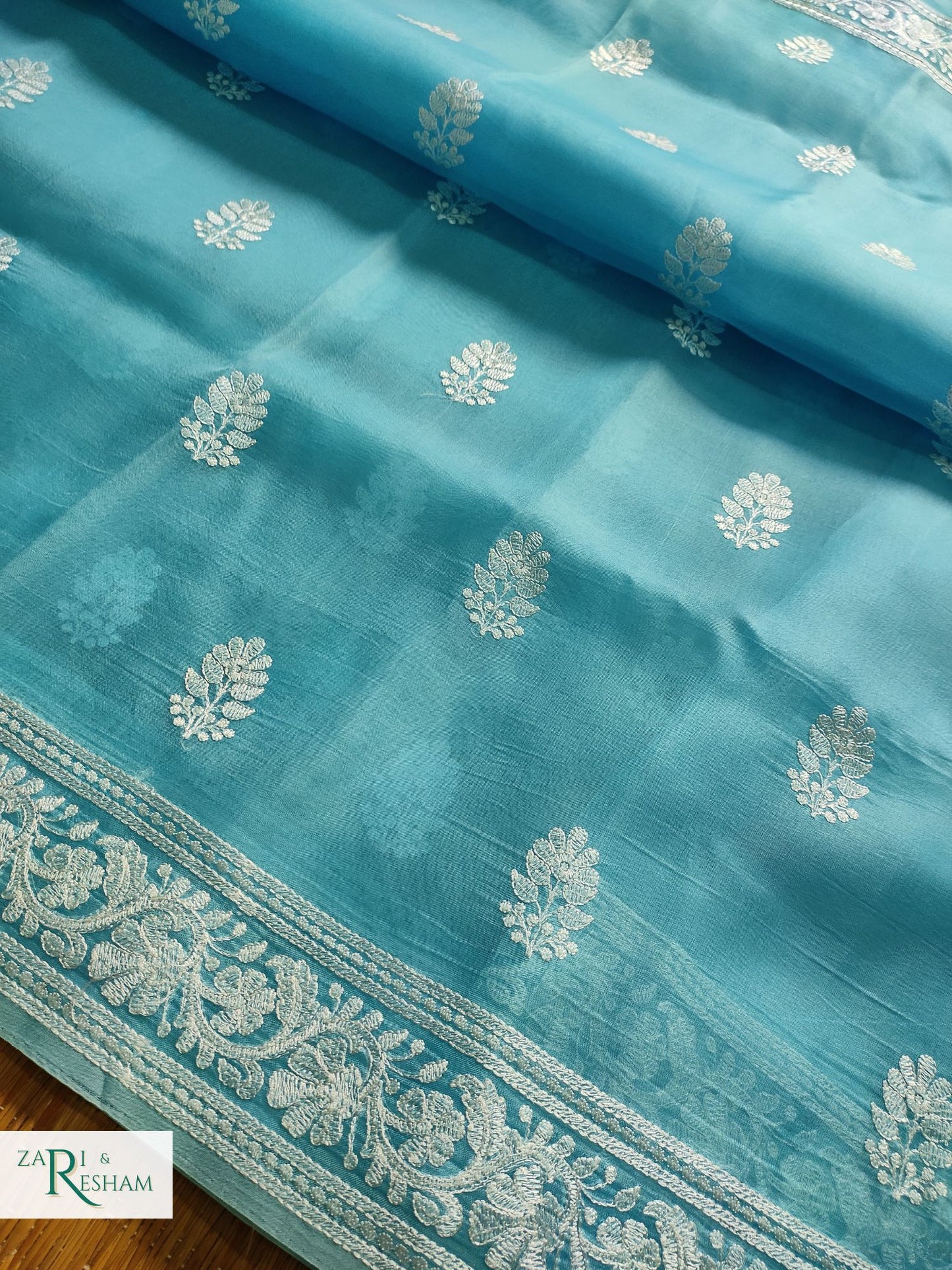 Pure Organza Silk Saree with Beautiful Chikankari Embroidery Work - Sea Blue