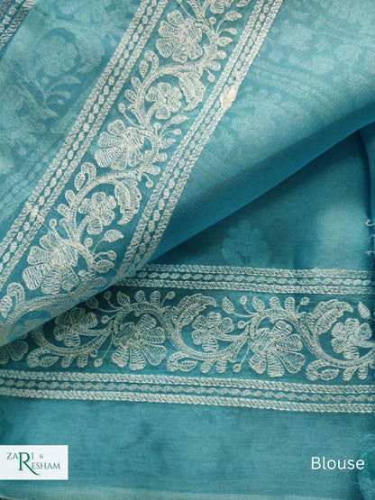 Pure Organza Silk Saree with Beautiful Chikankari Embroidery Work - Sea Blue