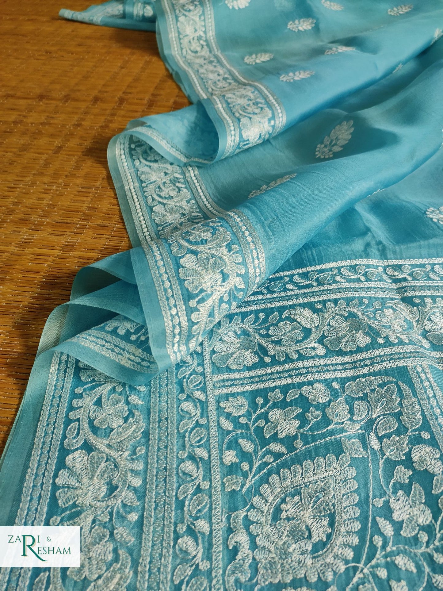 Pure Organza Silk Saree with Beautiful Chikankari Embroidery Work - Sea Blue