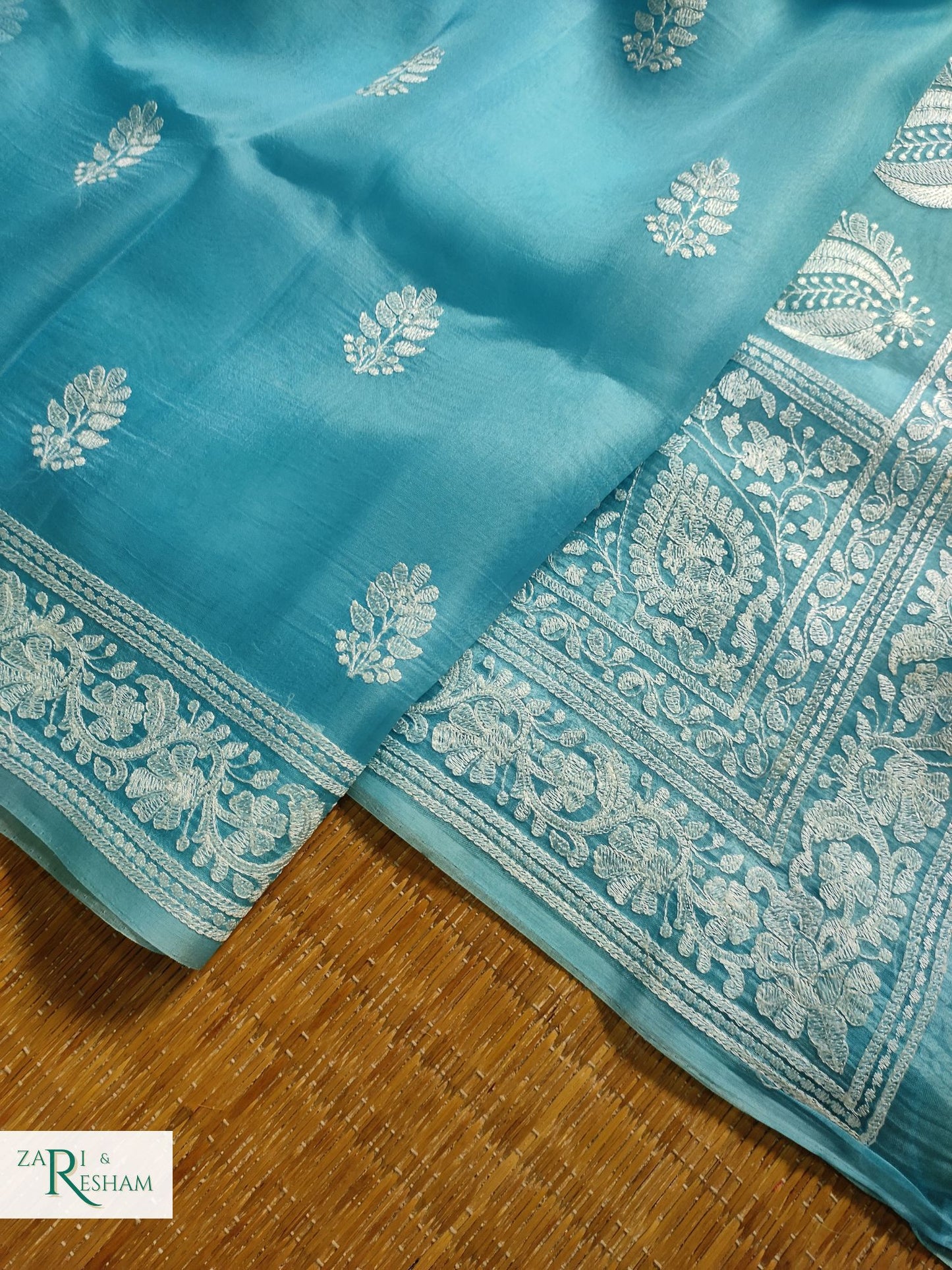 Pure Organza Silk Saree with Beautiful Chikankari Embroidery Work - Sea Blue