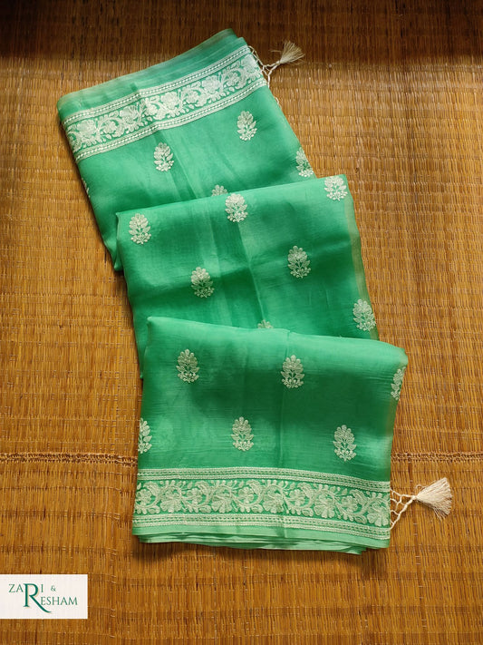 Pure Organza Silk Saree with Beautiful Chikankari Embroidery Work - Sea Green