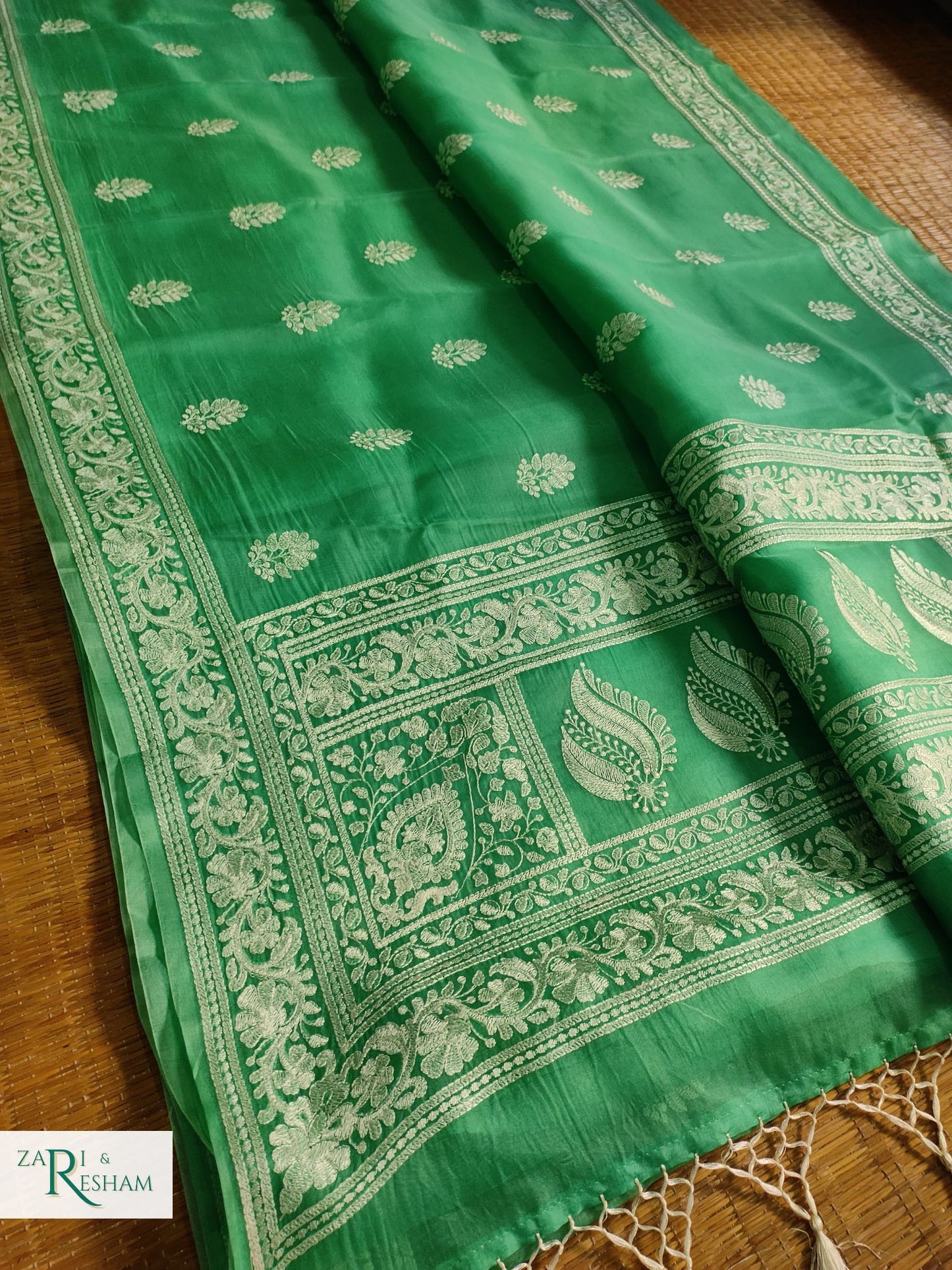 Pure Organza Silk Saree with Beautiful Chikankari Embroidery Work - Sea Green