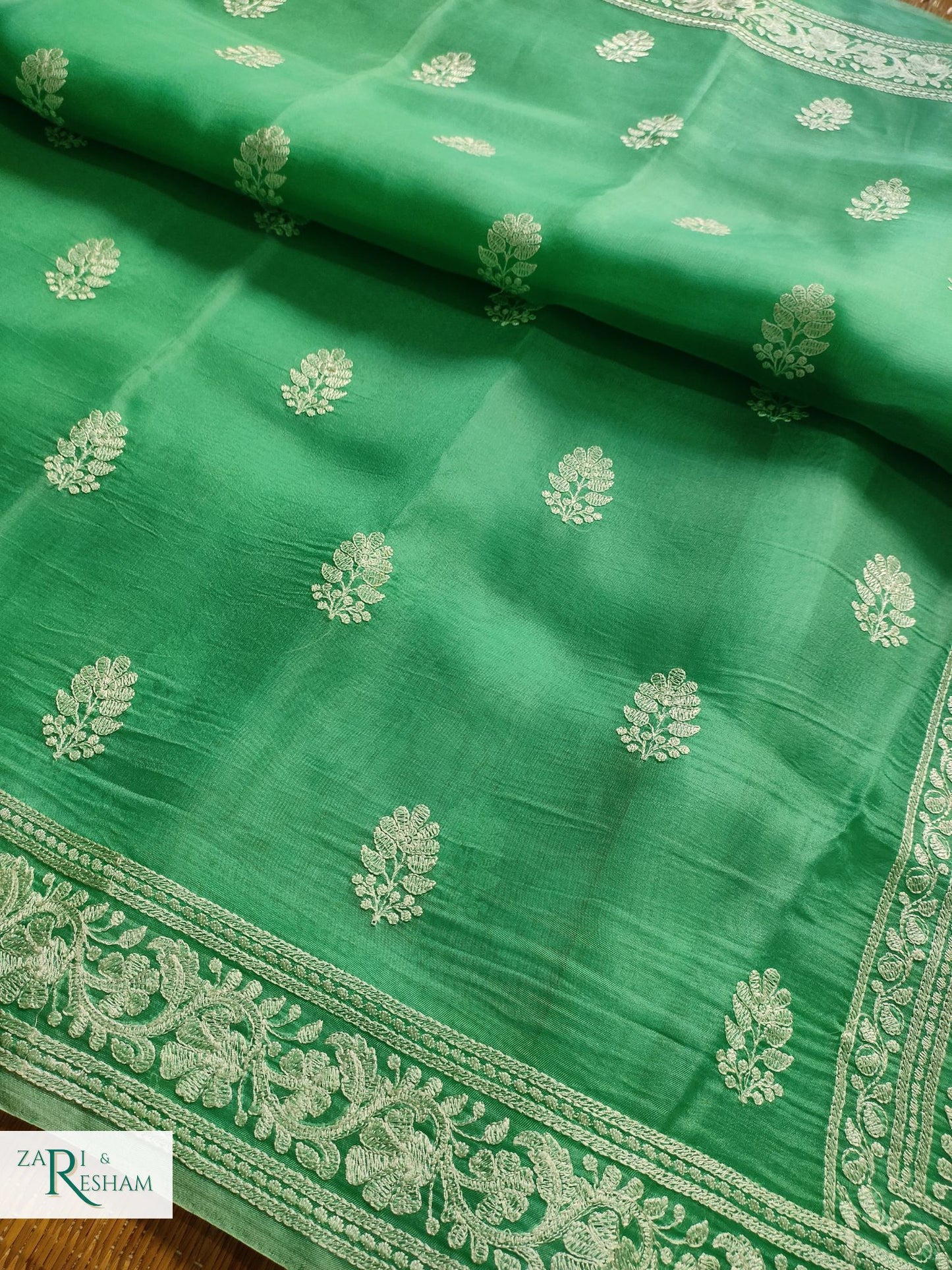 Pure Organza Silk Saree with Beautiful Chikankari Embroidery Work - Sea Green