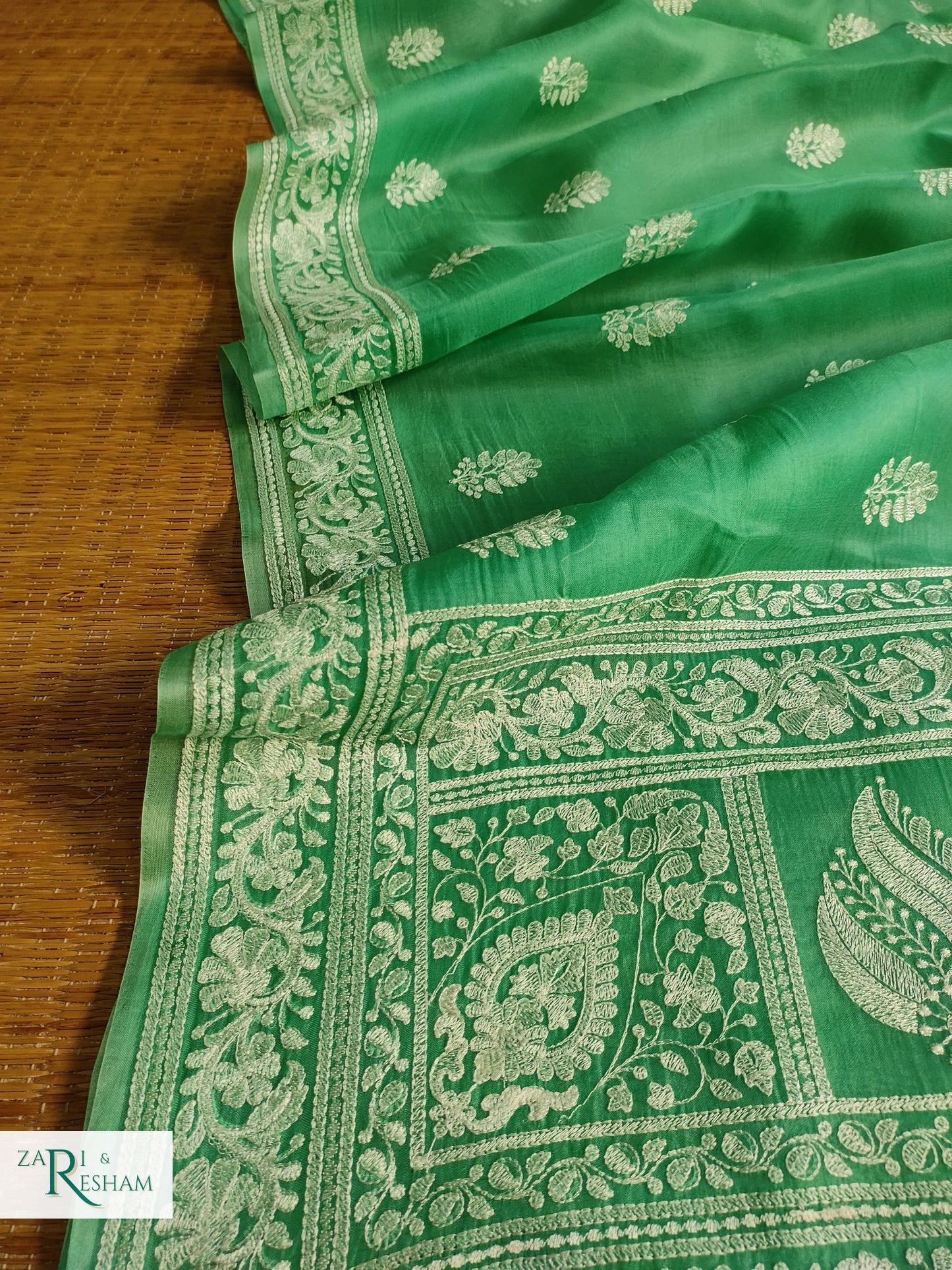 Pure Organza Silk Saree with Beautiful Chikankari Embroidery Work - Sea Green