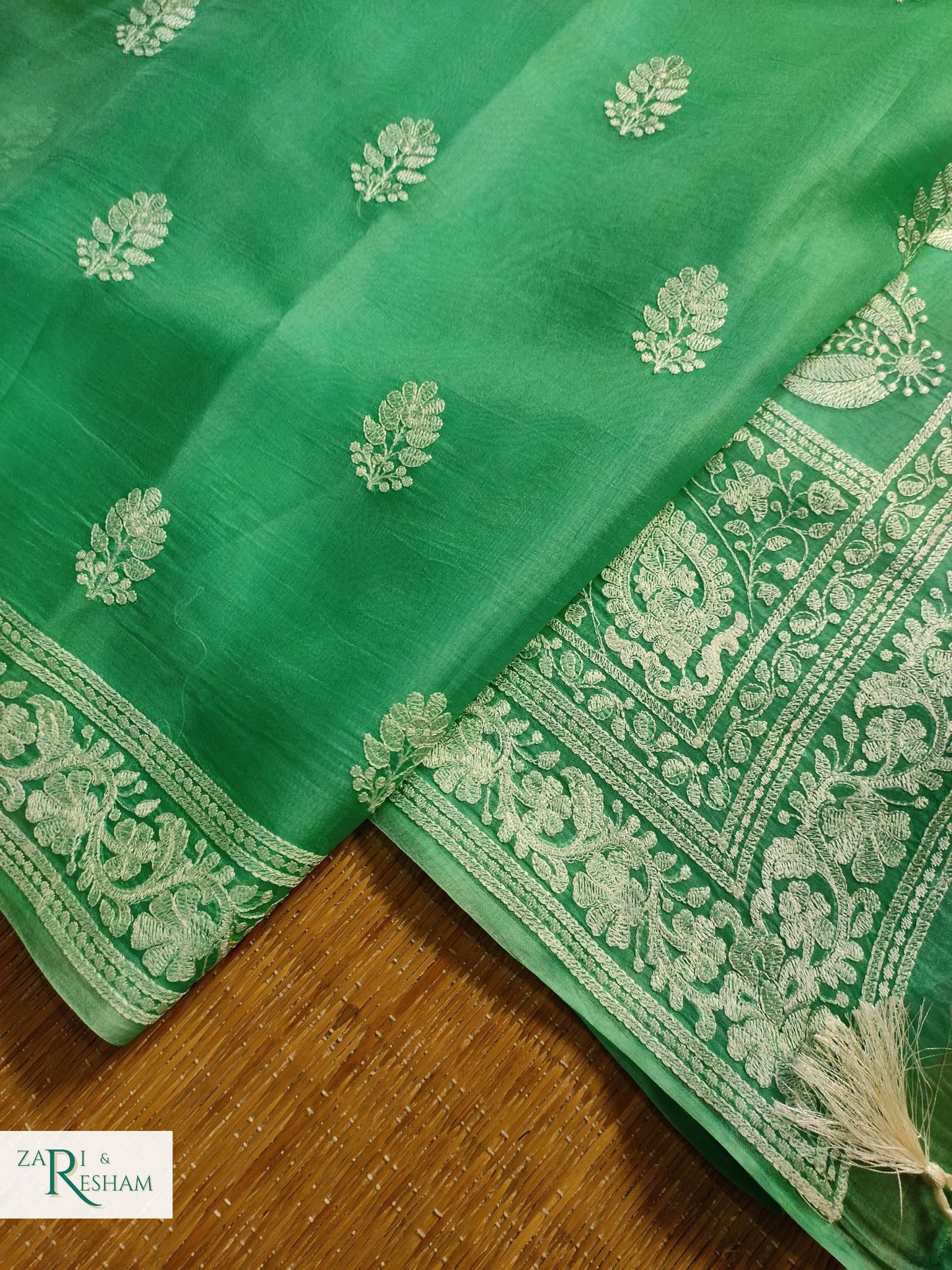 Pure Organza Silk Saree with Beautiful Chikankari Embroidery Work - Sea Green