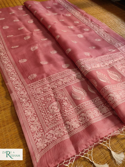 Pure Organza Silk Saree with Beautiful Chikankari Embroidery Work - Copper