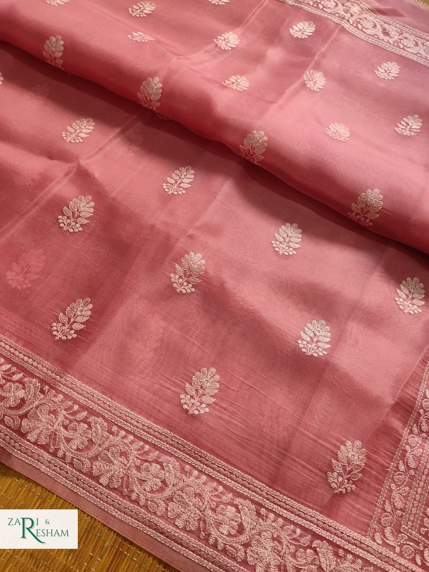 Pure Organza Silk Saree with Beautiful Chikankari Embroidery Work - Copper