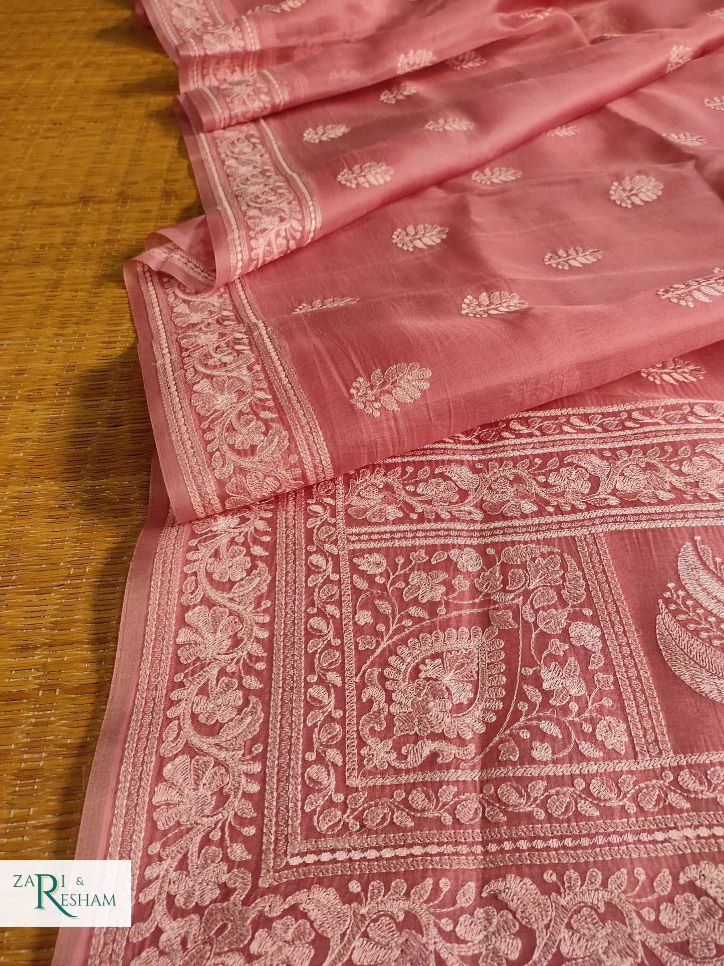 Pure Organza Silk Saree with Beautiful Chikankari Embroidery Work - Copper