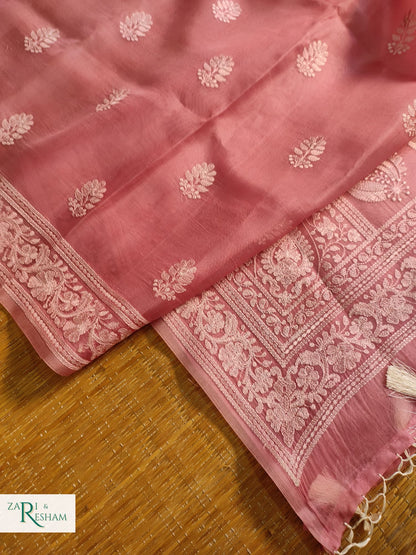 Pure Organza Silk Saree with Beautiful Chikankari Embroidery Work - Copper