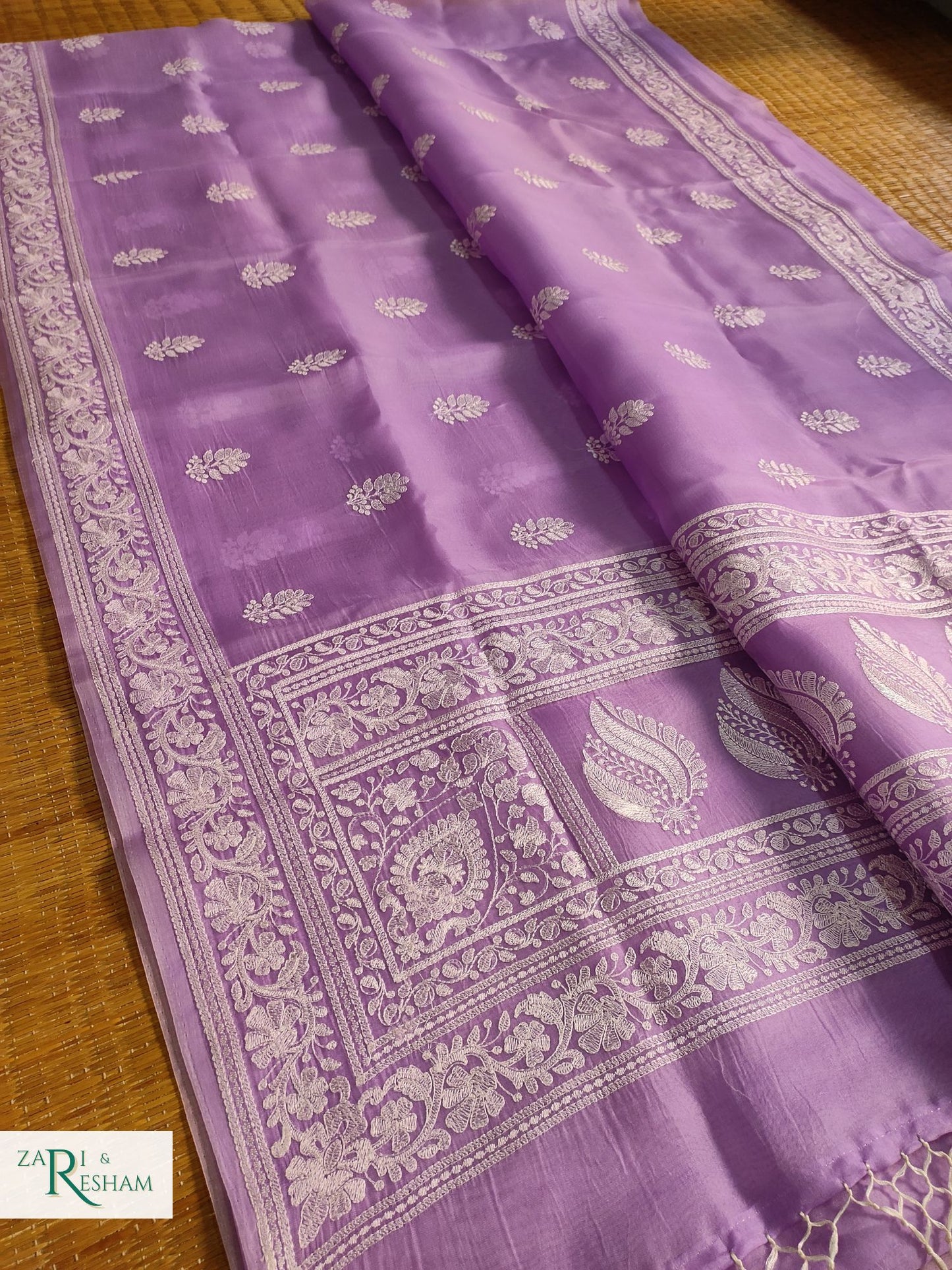 Pure Organza Silk Saree with Beautiful Chikankari Embroidery Work - Lavender