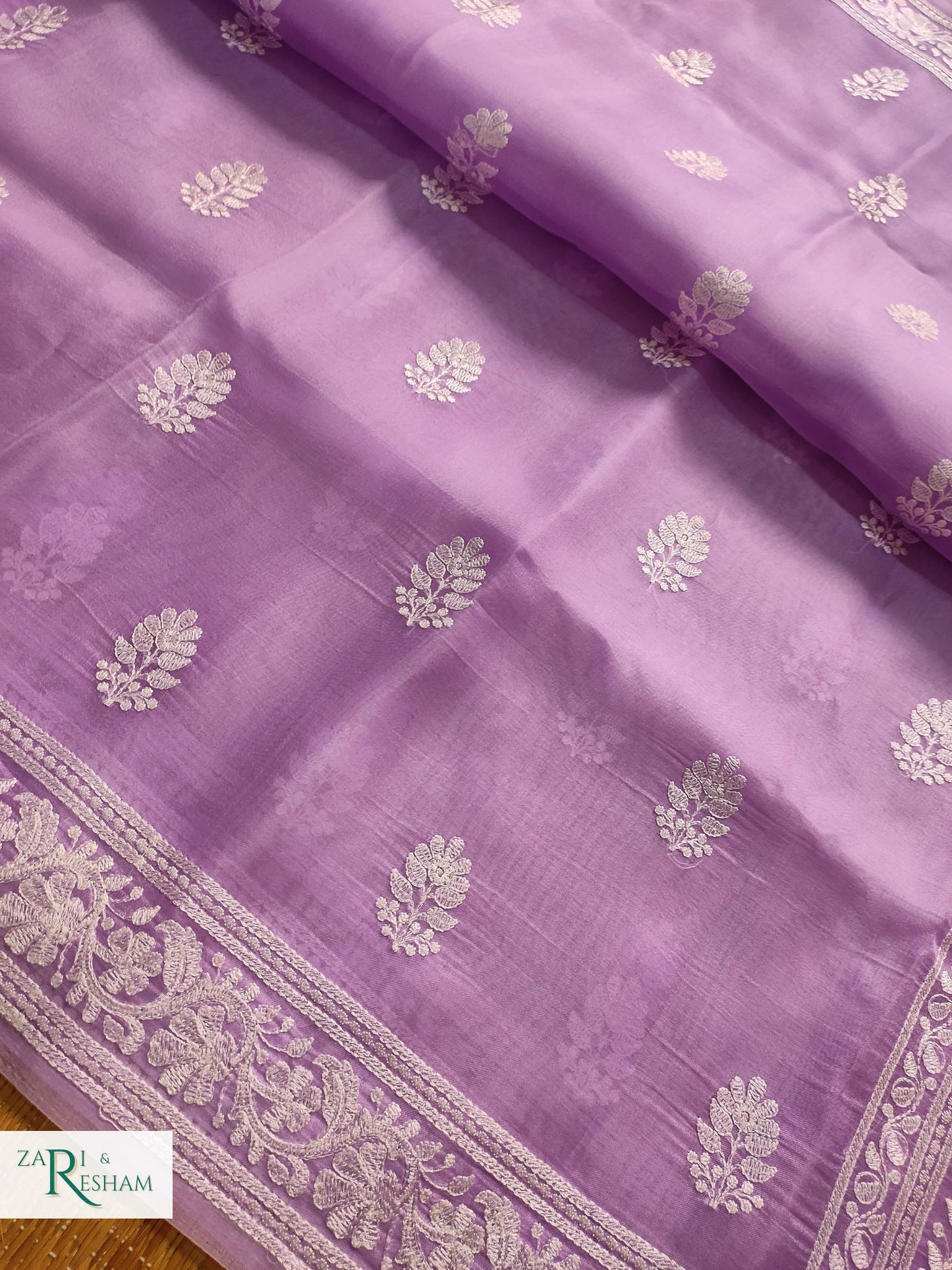 Pure Organza Silk Saree with Beautiful Chikankari Embroidery Work - Lavender