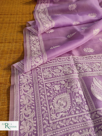 Pure Organza Silk Saree with Beautiful Chikankari Embroidery Work - Lavender