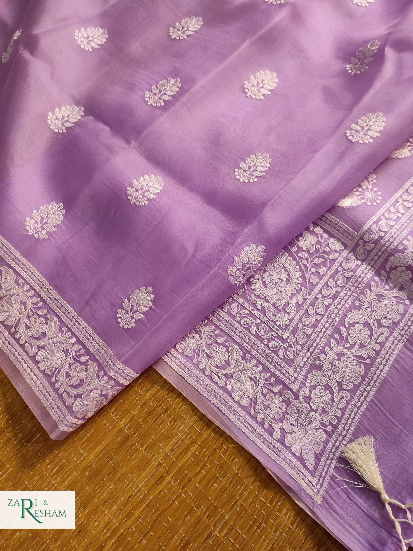 Pure Organza Silk Saree with Beautiful Chikankari Embroidery Work - Lavender