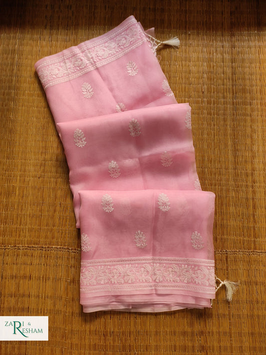 Pure Organza Silk Saree with Beautiful Chikankari Embroidery Work - Baby Pink