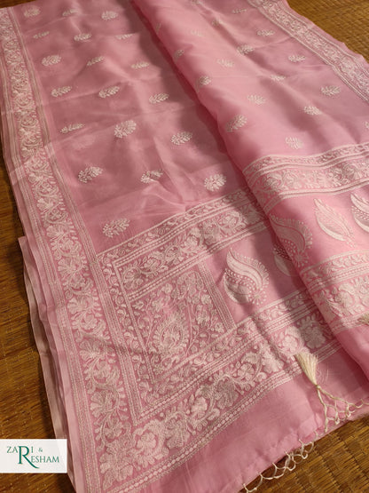 Pure Organza Silk Saree with Beautiful Chikankari Embroidery Work - Baby Pink