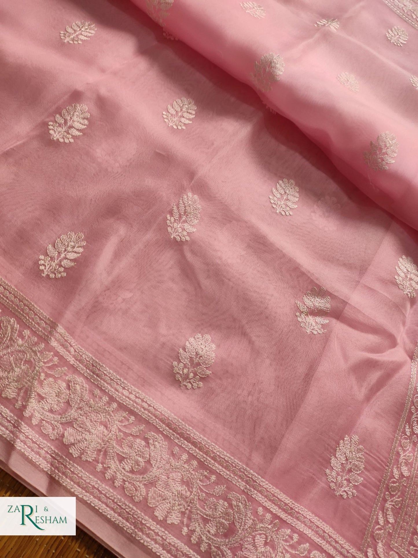 Pure Organza Silk Saree with Beautiful Chikankari Embroidery Work - Baby Pink