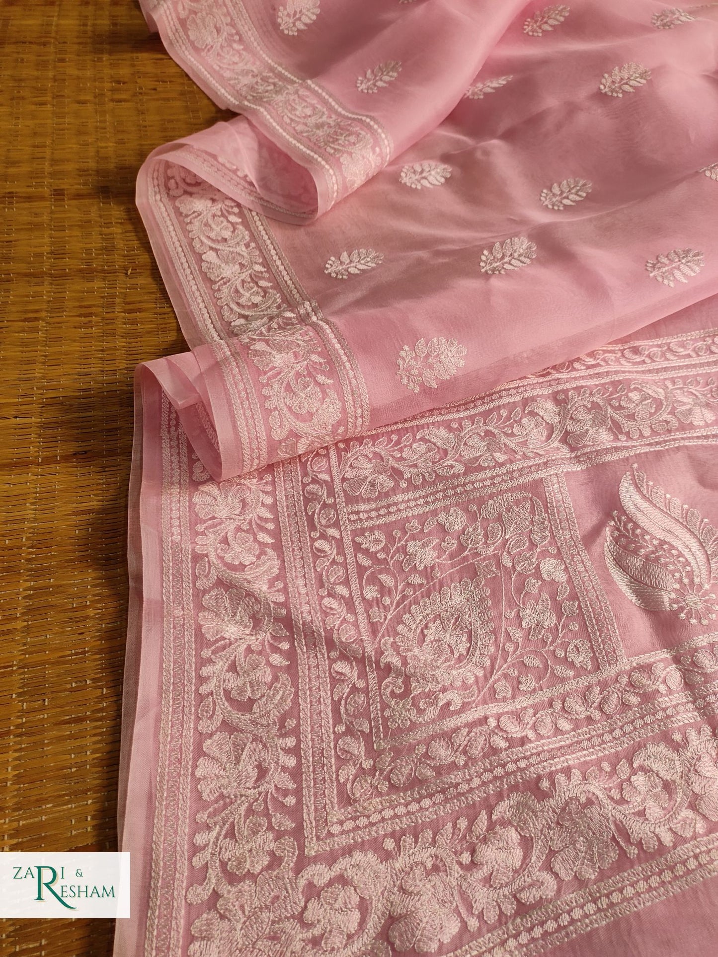 Pure Organza Silk Saree with Beautiful Chikankari Embroidery Work - Baby Pink