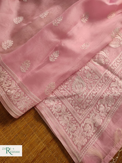 Pure Organza Silk Saree with Beautiful Chikankari Embroidery Work - Baby Pink