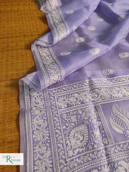 Pure Organza Silk Saree with Beautiful Chikankari Embroidery Work - Mouve