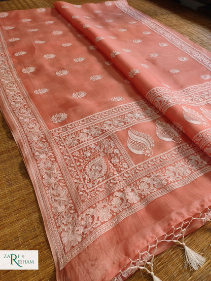 Pure Organza Silk Saree with Beautiful Chikankari Embroidery Work - Peach