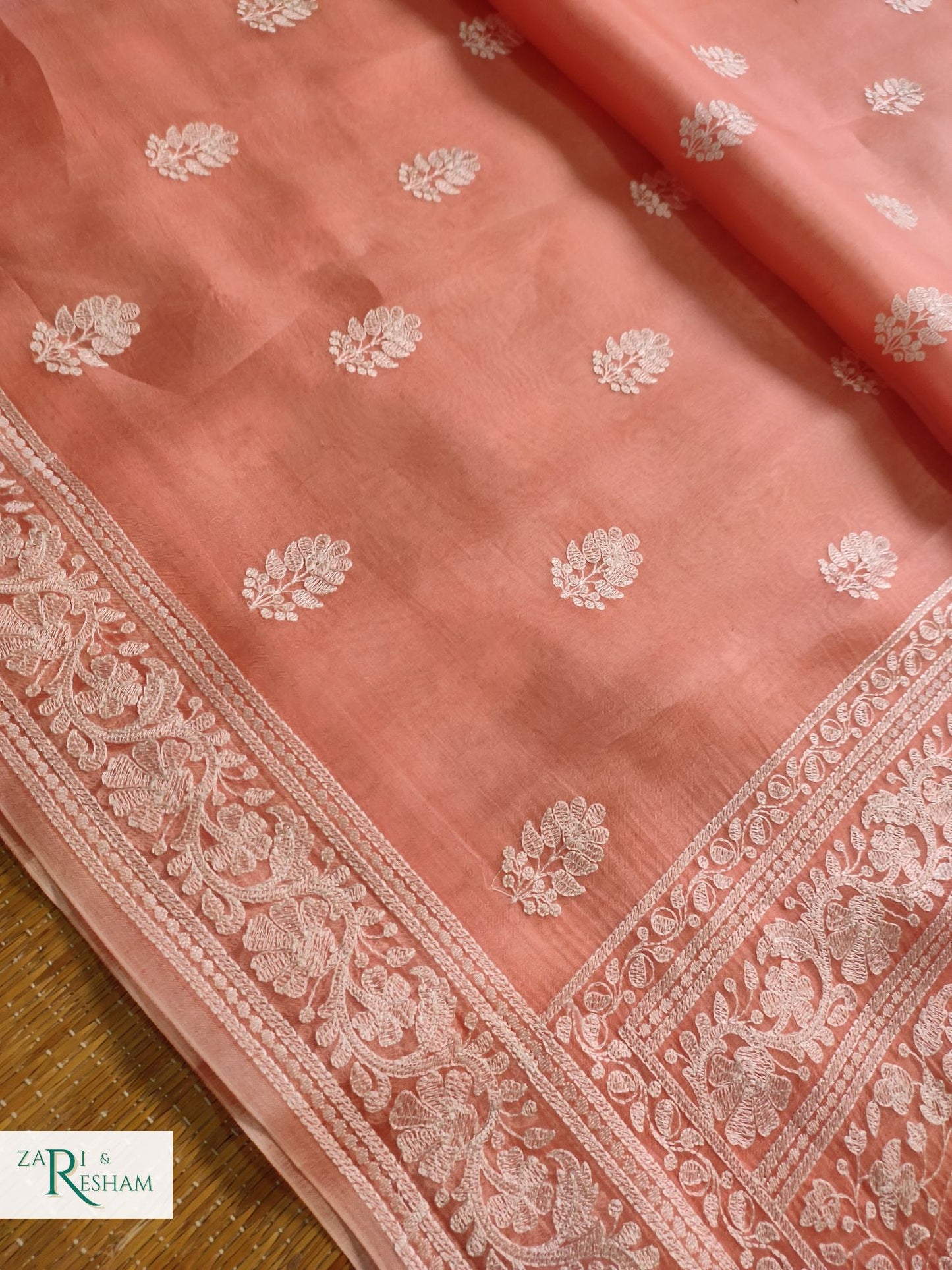 Pure Organza Silk Saree with Beautiful Chikankari Embroidery Work - Peach